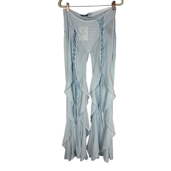 AMOR MIA Meta Angel Pants Sheer Lace Up Ruffle Boho Chic Festival Powder Blue SM - Picture 3 of 16